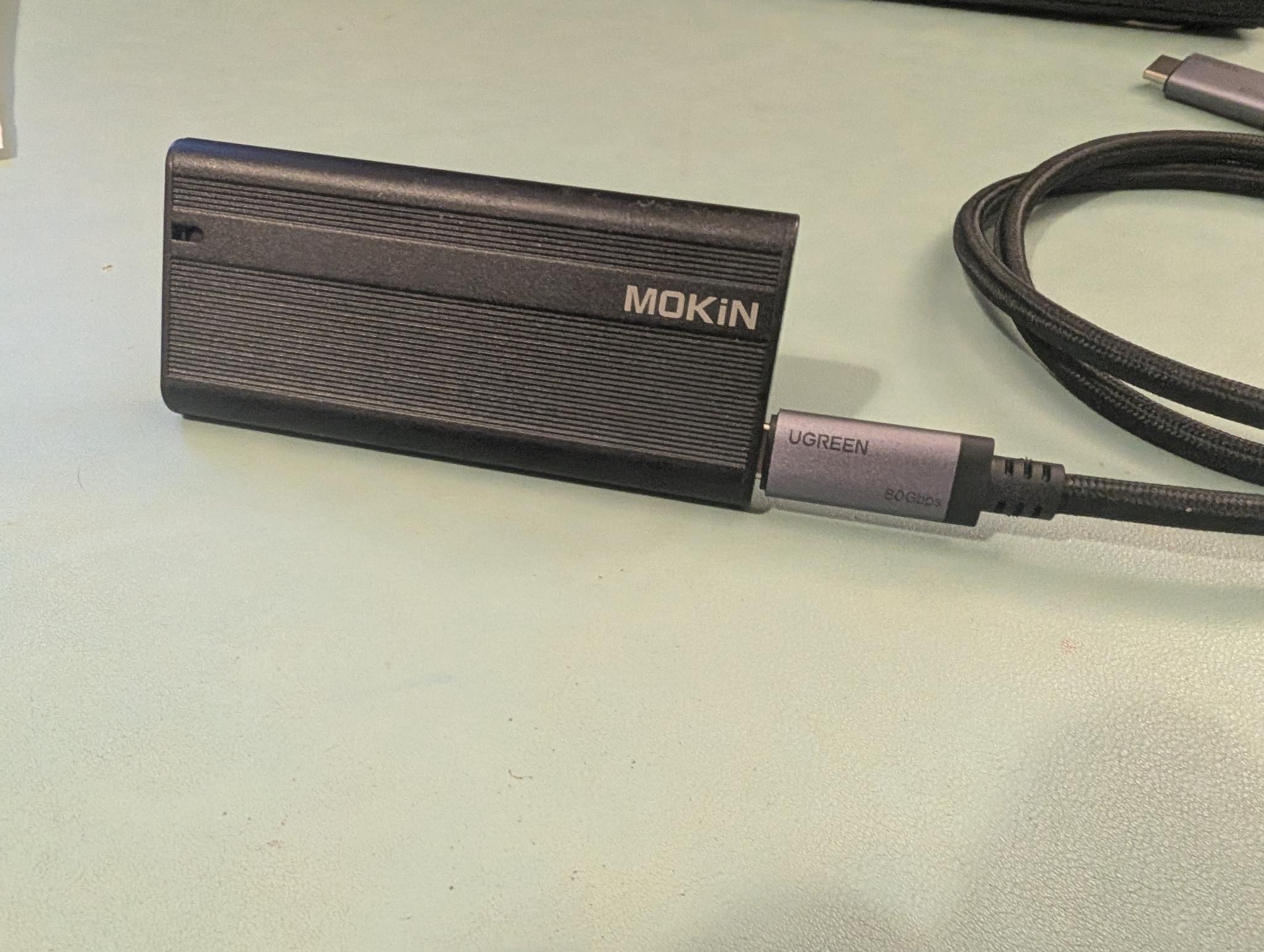 SSD USB enclosue with chunky cable attached
